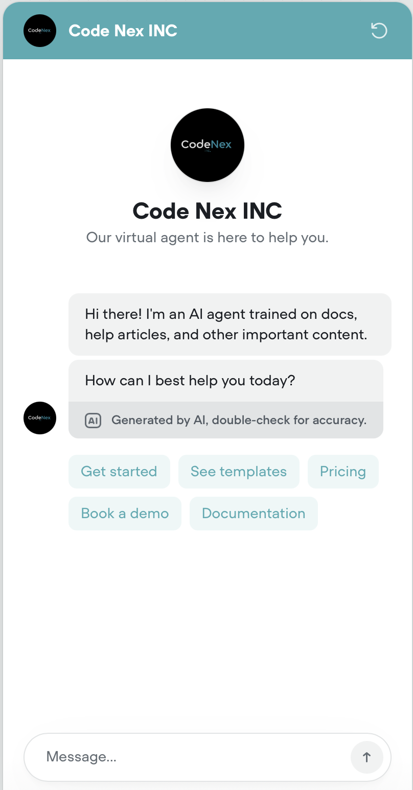 Codenex AI Chatbot interface showing live conversation